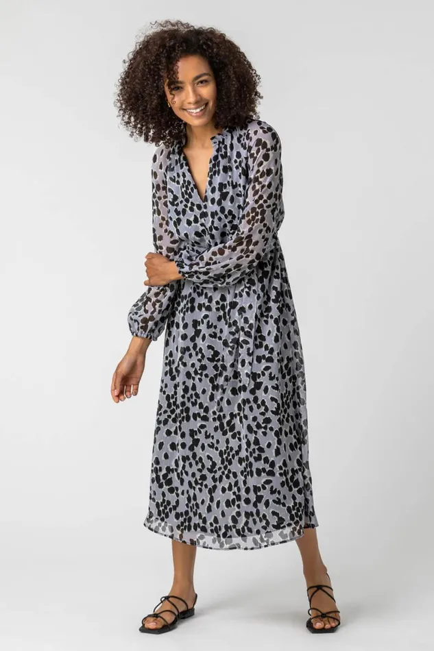Women Silver Animal Print Belted Chiffon Midi Dress Roman Dresses