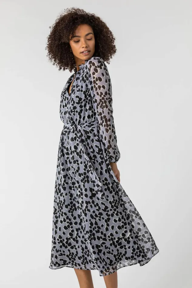 Women Silver Animal Print Belted Chiffon Midi Dress Roman Dresses