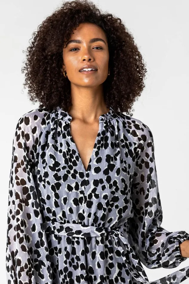 Women Silver Animal Print Belted Chiffon Midi Dress Roman Dresses