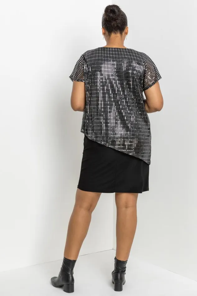 Women Silver Curve Asymmetric Shimmer Overlay Dress Roman Dresses
