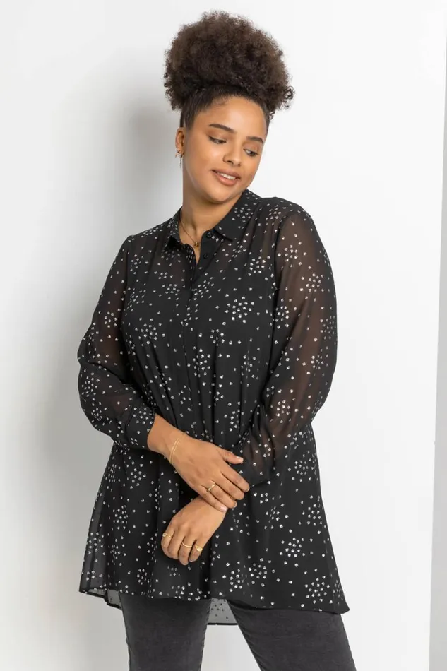 Women Silver Curve Longline Foil Spot Chiffon Shirt Roman Tops
