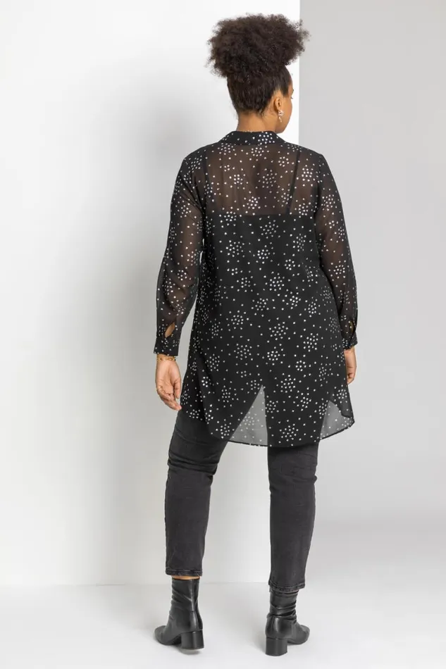 Women Silver Curve Longline Foil Spot Chiffon Shirt Roman Tops