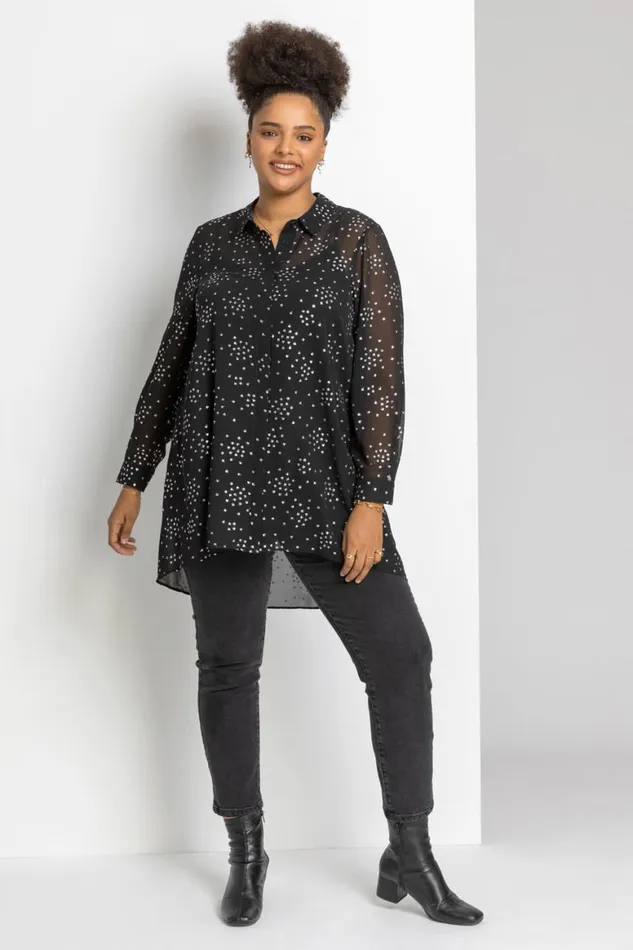 Women Silver Curve Longline Foil Spot Chiffon Shirt Roman Tops