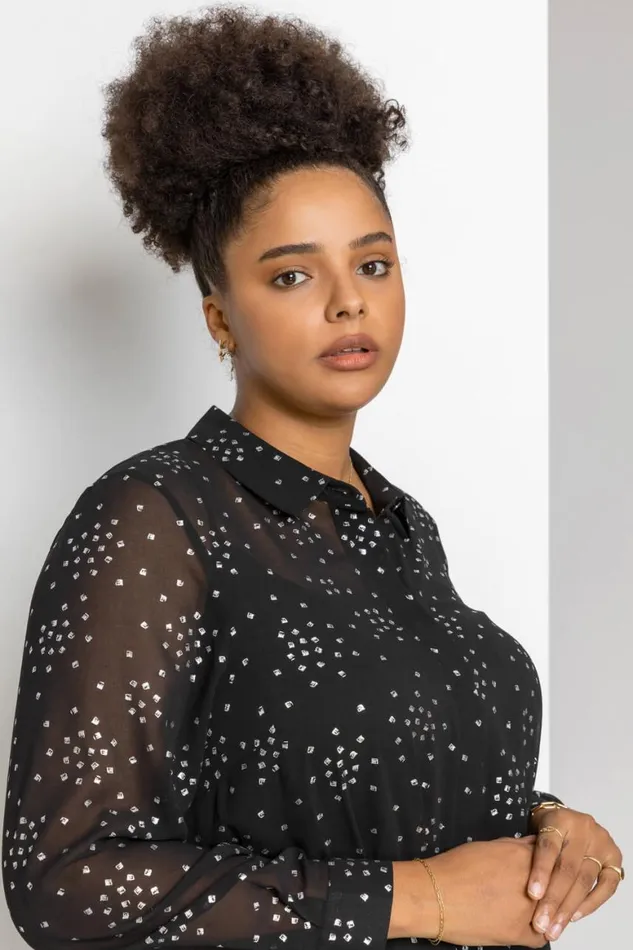 Women Silver Curve Longline Foil Spot Chiffon Shirt Roman Tops