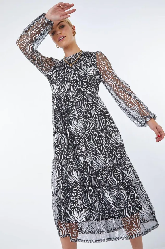 Women Silver Metallic Animal Print Tiered Midi Dress Roman Dresses