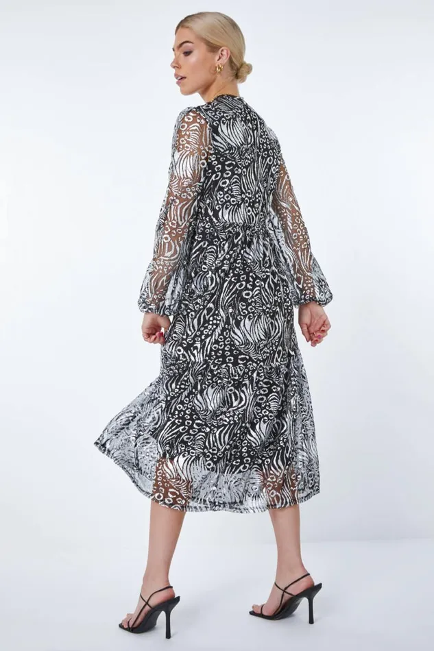 Women Silver Metallic Animal Print Tiered Midi Dress Roman Dresses
