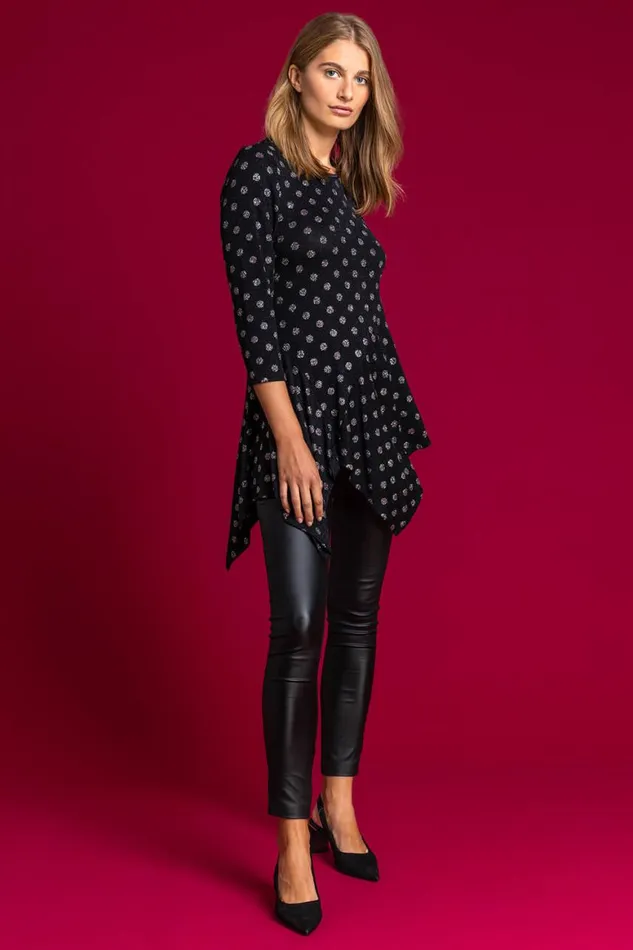 Women Silver Shimmer Spot Hanky Hem Tunic Top Roman Tops