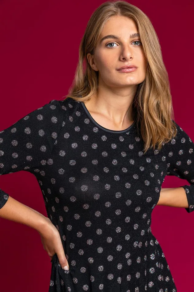 Women Silver Shimmer Spot Hanky Hem Tunic Top Roman Tops