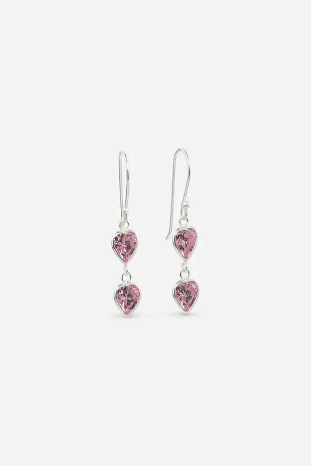 Women Silver Sterling Silver Cubic Zirconia Pink Heart Drop Earrings Roman Jewellery