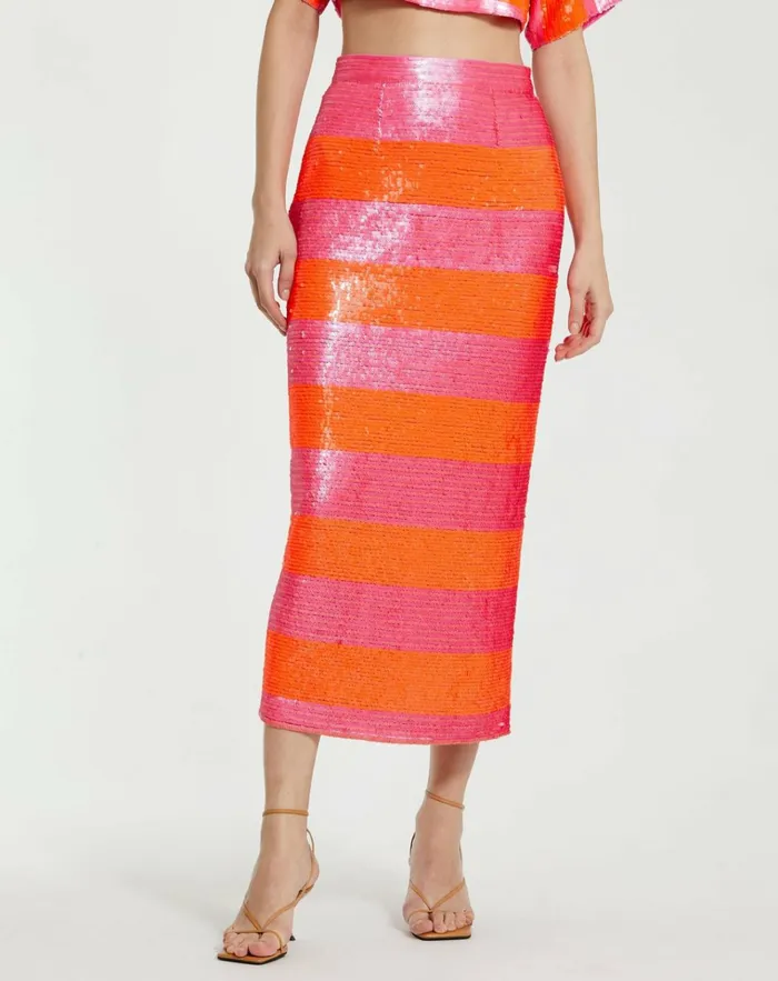 Women Skirts Mac Duggal Classic Sequin Striped Midi Pencil Skirt 8211 FINAL SALE Hot Pink Multi Women Skirts Mac Duggal Classic Sequin Striped Midi Pencil Skirt 8211 FINAL SALE Hot Pink Multi