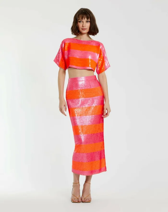 Women Skirts Mac Duggal Classic Sequin Striped Midi Pencil Skirt 8211 FINAL SALE Hot Pink Multi