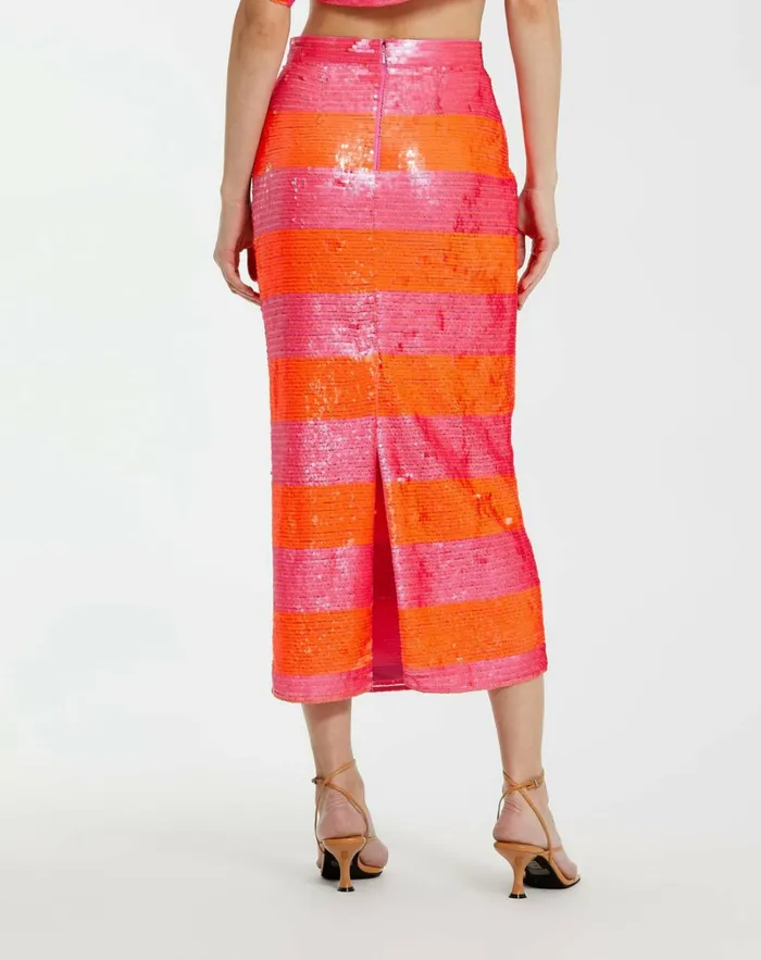 Women Skirts Mac Duggal Classic Sequin Striped Midi Pencil Skirt 8211 FINAL SALE Hot Pink Multi