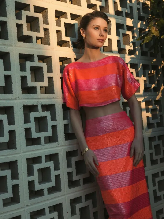 Women Skirts Mac Duggal Classic Sequin Striped Midi Pencil Skirt 8211 FINAL SALE Hot Pink Multi