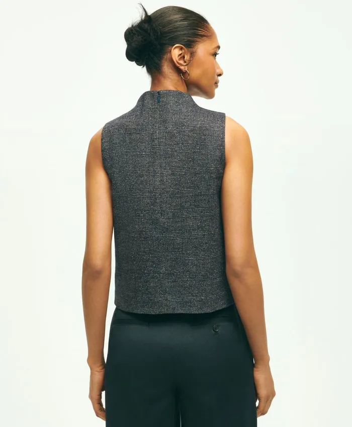 Women Sleeveless Cotton Wool Blend Glenn Plaid Top Grey Multi Brooks Brothers Blouses and Shirts