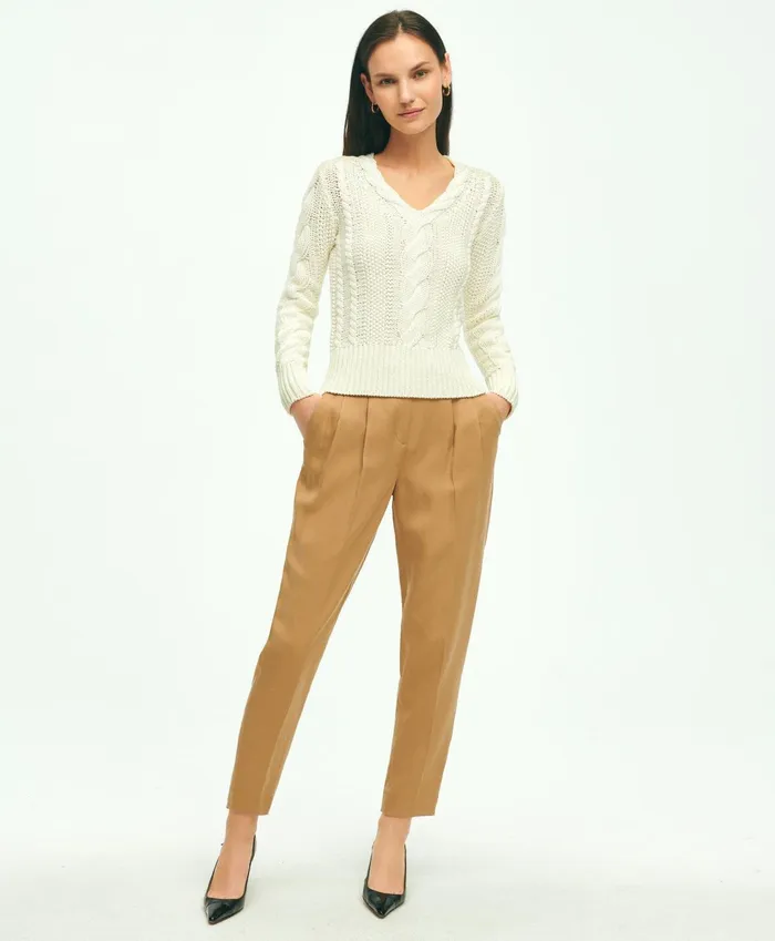 Women Slim PleatFront Cropped Pants Tan Brooks Brothers Pants and Skirts