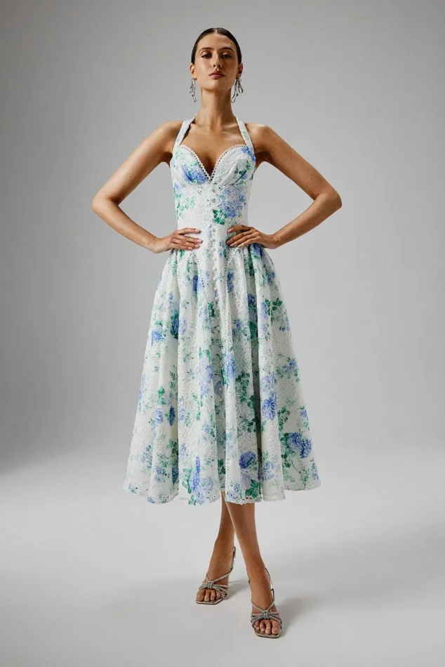 Women Slip Dresses Lavish Alice HALEY Micro Button And Loop Detail Volume Flared Midi Dress In Floral Broderie Floral