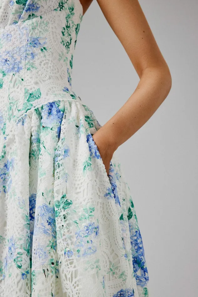 Women Slip Dresses Lavish Alice HALEY Micro Button And Loop Detail Volume Flared Midi Dress In Floral Broderie Floral