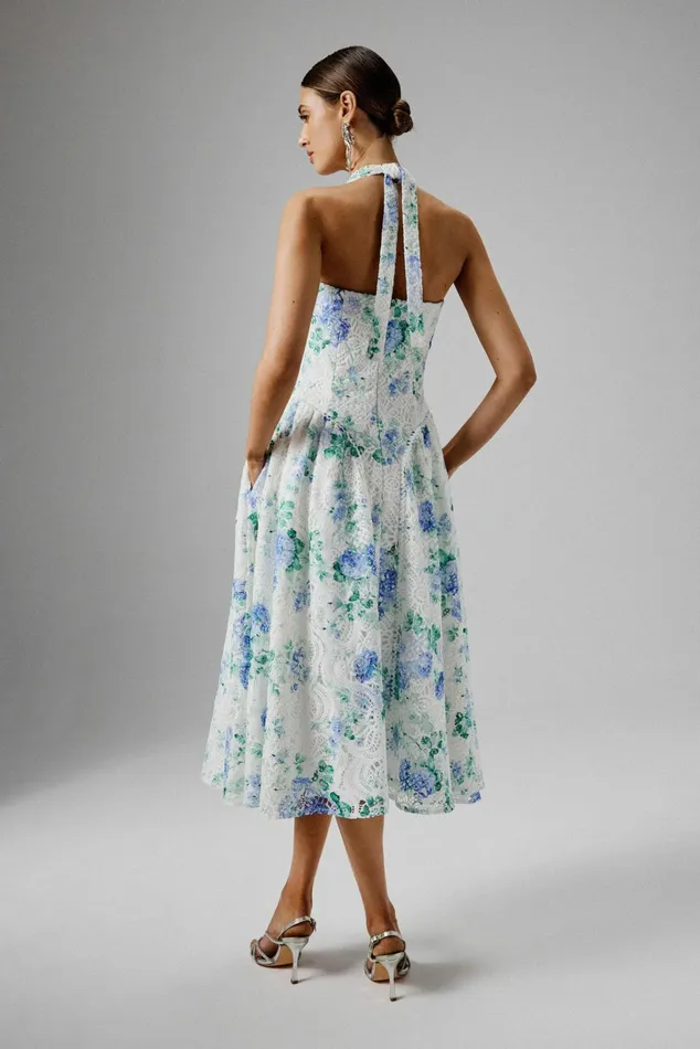 Women Slip Dresses Lavish Alice HALEY Micro Button And Loop Detail Volume Flared Midi Dress In Floral Broderie Floral
