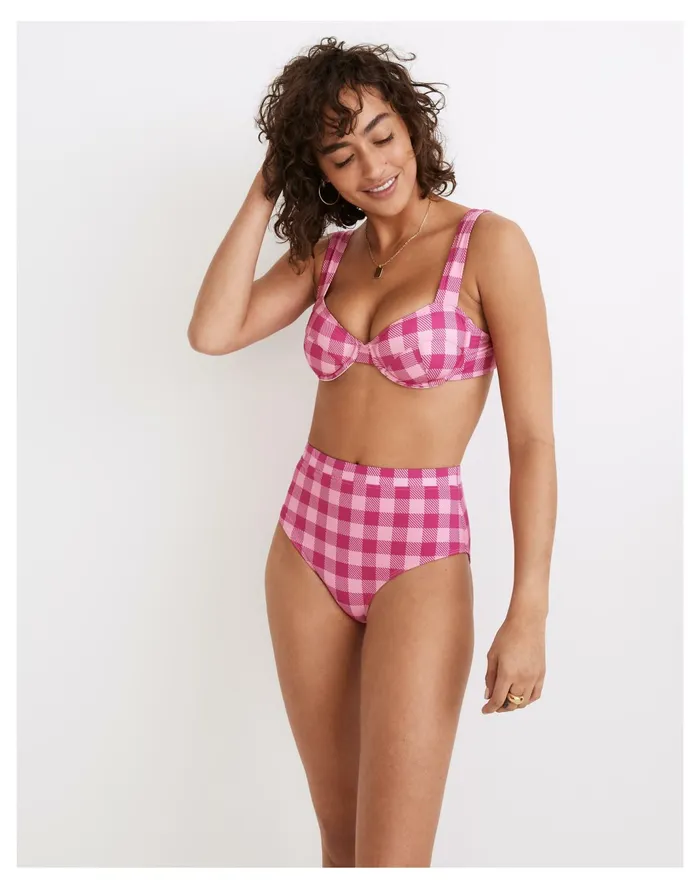 Women Solid and Striped Lilo High Waist Bikini Bottom In Gingham Pink Multi Gingham Madewell Swim Women Solid and Striped Lilo High Waist Bikini Bottom In Gingham Pink Multi Gingham Madewell Swim