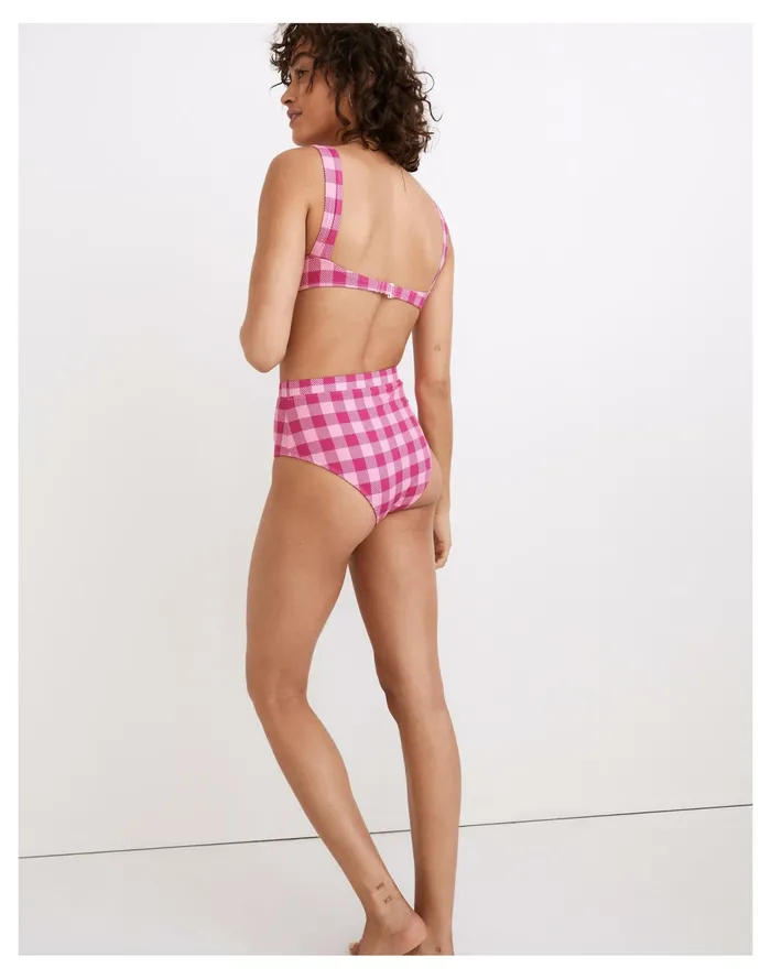 Women Solid and Striped Lilo High Waist Bikini Bottom In Gingham Pink Multi Gingham Madewell Swim
