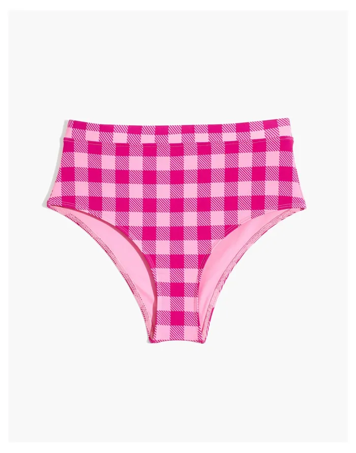 Women Solid and Striped Lilo High Waist Bikini Bottom In Gingham Pink Multi Gingham Madewell Swim