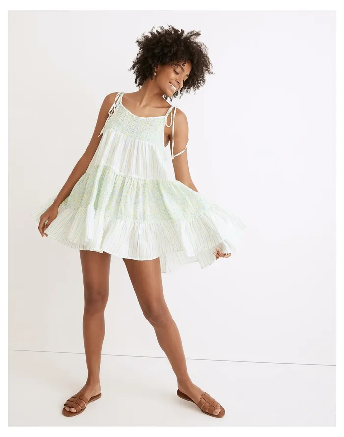 Women Solid and Striped Linen Parker Tiered Cover Up Dress In Painted Ditsy Floral Painted Ditsy Floral and Multi Madewell Swim Women Solid and Striped Linen Parker Tiered Cover Up Dress In Painted Ditsy Floral Painted Ditsy Floral and Multi Madewell Swim
