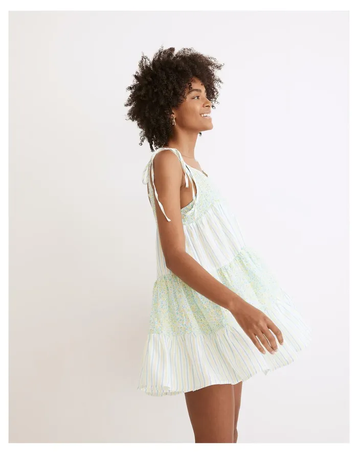 Women Solid and Striped Linen Parker Tiered Cover Up Dress In Painted Ditsy Floral Painted Ditsy Floral and Multi Madewell Swim Women Solid and Striped Linen Parker Tiered Cover Up Dress In Painted Ditsy Floral Painted Ditsy Floral and Multi Madewell Swim