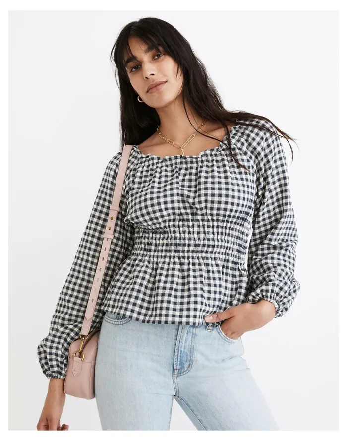 Women Sophia Top In Textured Windowpane Deep Shadow Madewell Tops and Shirts