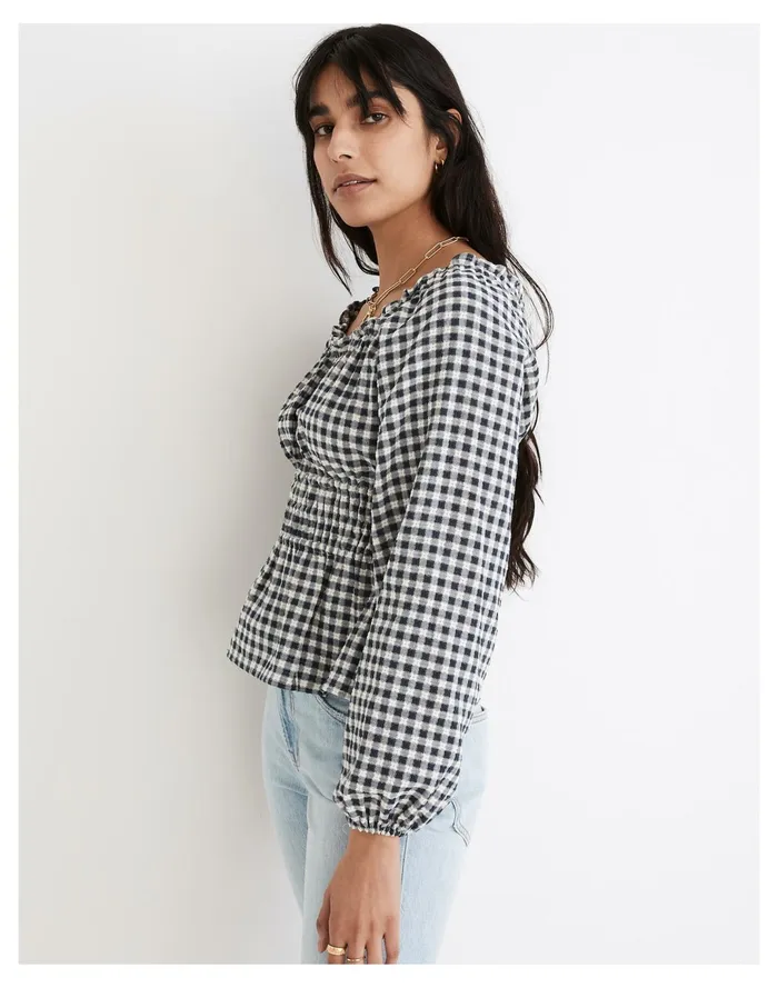 Women Sophia Top In Textured Windowpane Deep Shadow Madewell Tops and Shirts