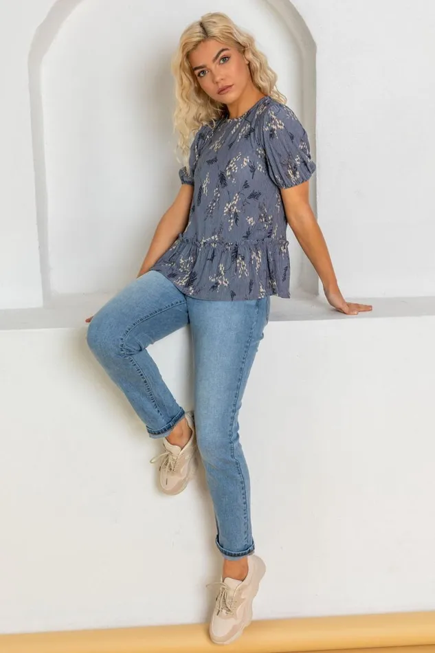 Women Steel Blue Floral Tiered Top Roman Tops