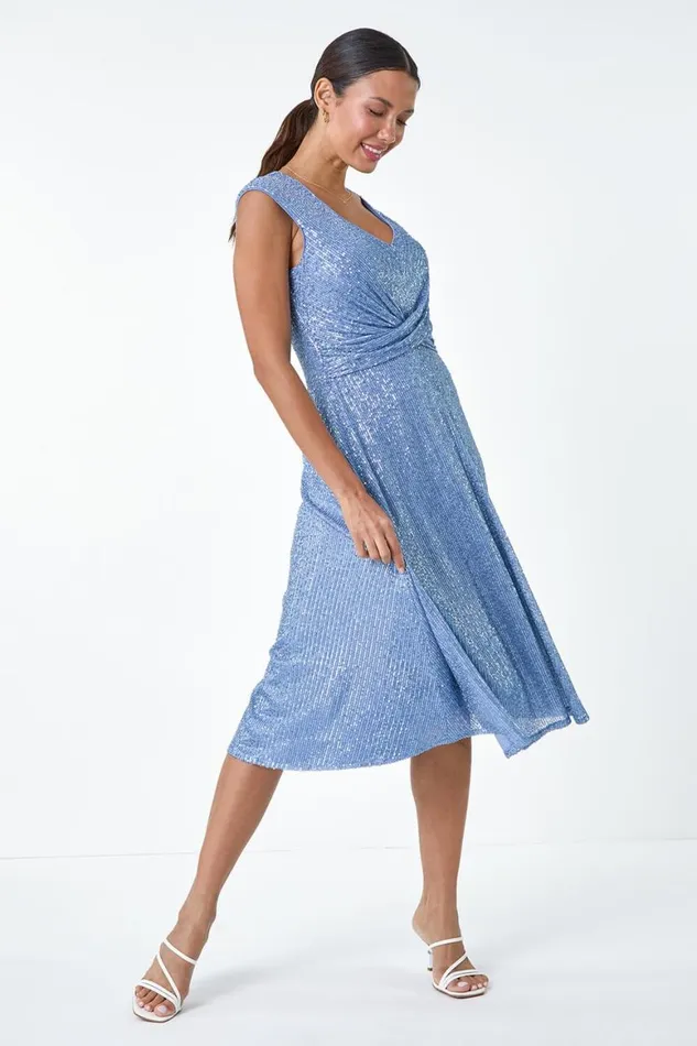 Women Steel Blue Sequin Wrap Detail Midi Dress Roman Dresses