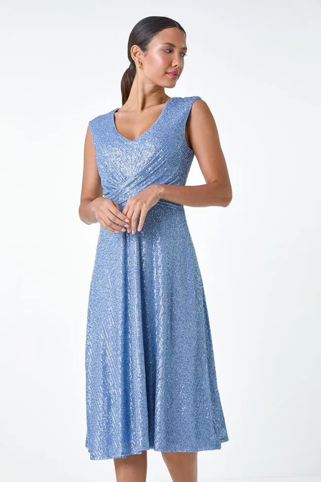Women Steel Blue Sequin Wrap Detail Midi Dress Roman Dresses