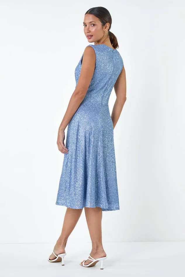 Women Steel Blue Sequin Wrap Detail Midi Dress Roman Dresses