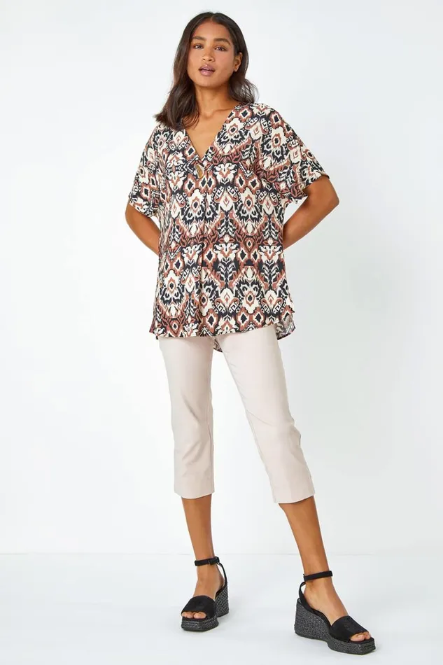 Women Stone Aztec Print Button Detail Aztec Print Top Roman Tops
