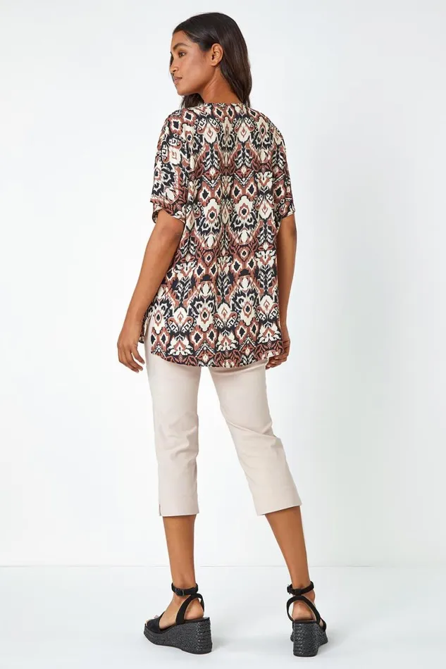 Women Stone Aztec Print Button Detail Aztec Print Top Roman Tops