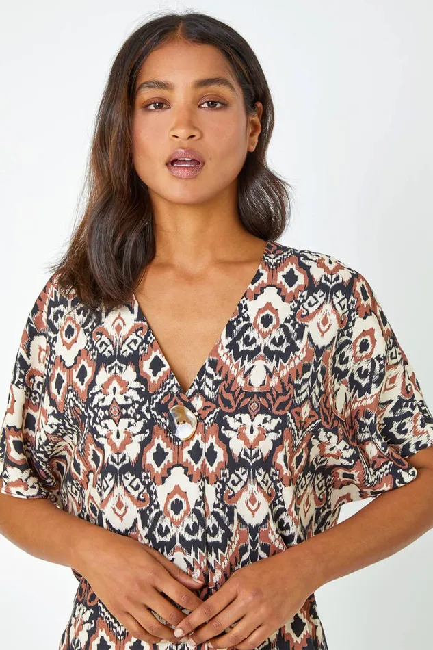Women Stone Aztec Print Button Detail Aztec Print Top Roman Tops