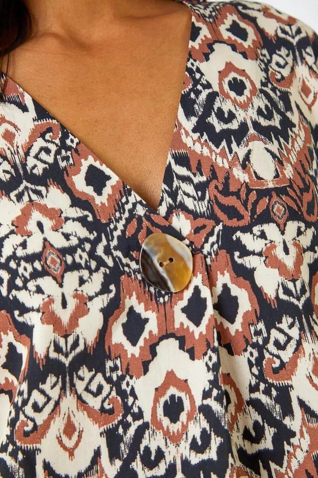 Women Stone Aztec Print Button Detail Aztec Print Top Roman Tops