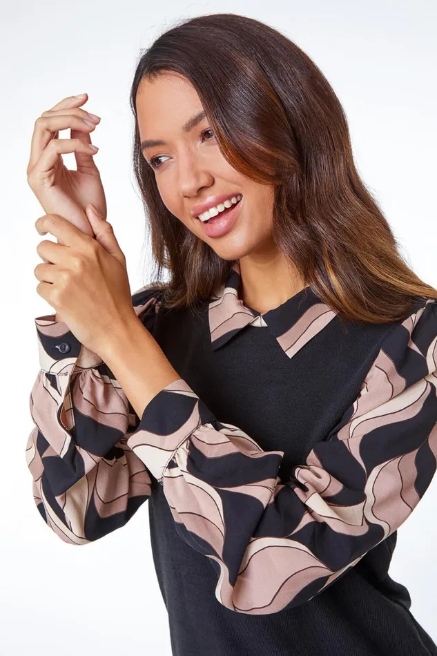 Women Stone Contrast Swirl Print Chiffon Sleeve Top Roman Tops