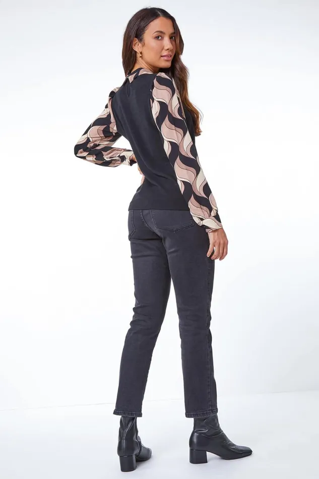 Women Stone Contrast Swirl Print Chiffon Sleeve Top Roman Tops