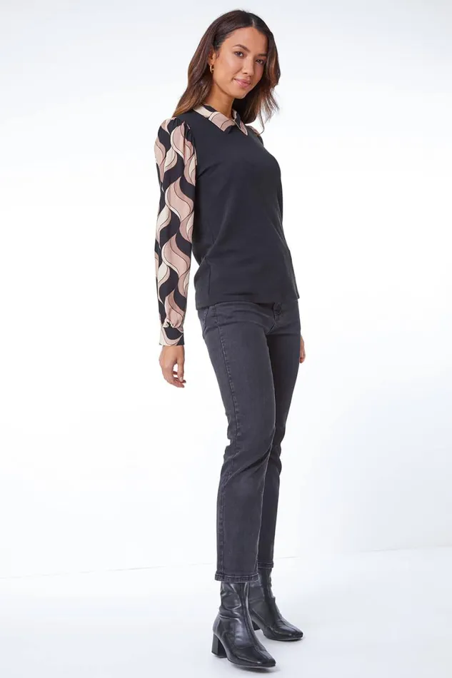 Women Stone Contrast Swirl Print Chiffon Sleeve Top Roman Tops