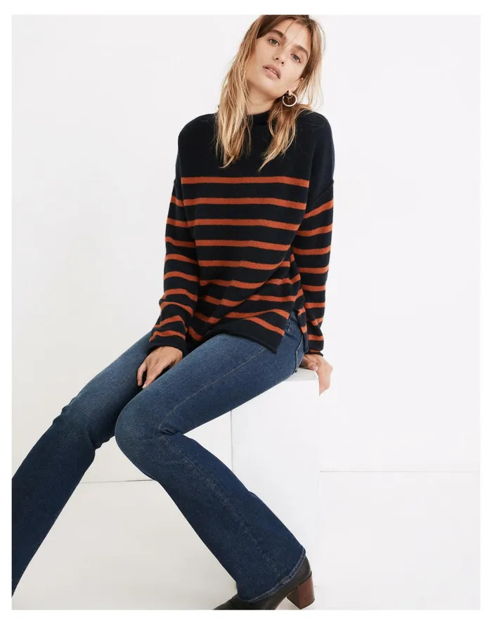 Women Striped Whitworth Mockneck Sweater In Coziest Yarn Heather Atlantic Madewell Sweaters