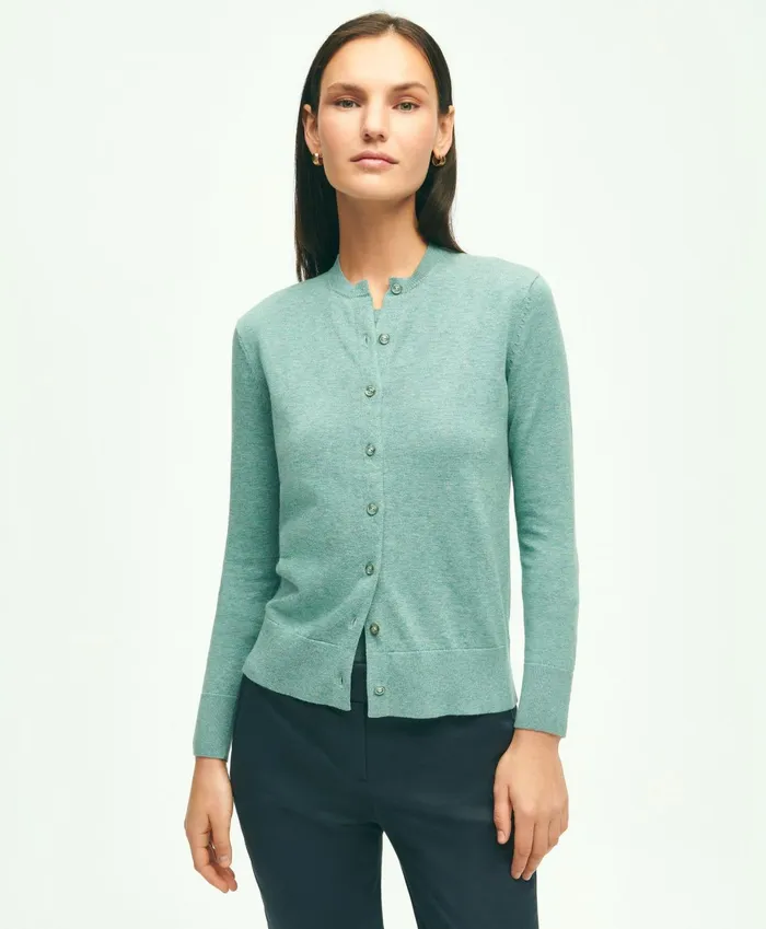 Women Supima Cotton Cardigan Green Heather Brooks Brothers Sweaters