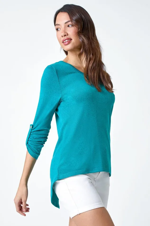Women Teal Bow Back Detail Stretch Top Roman Tops