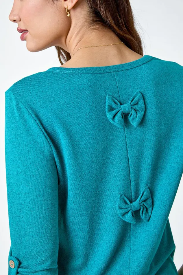 Women Teal Bow Back Detail Stretch Top Roman Tops