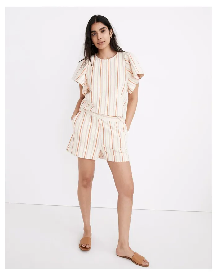 Women Textural Knit High Rise Pleated Shorts In Stripe Afterglow Red Madewell Tees