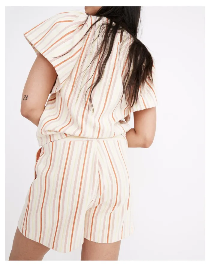 Women Textural Knit High Rise Pleated Shorts In Stripe Afterglow Red Madewell Tees Women Textural Knit High Rise Pleated Shorts In Stripe Afterglow Red Madewell Tees