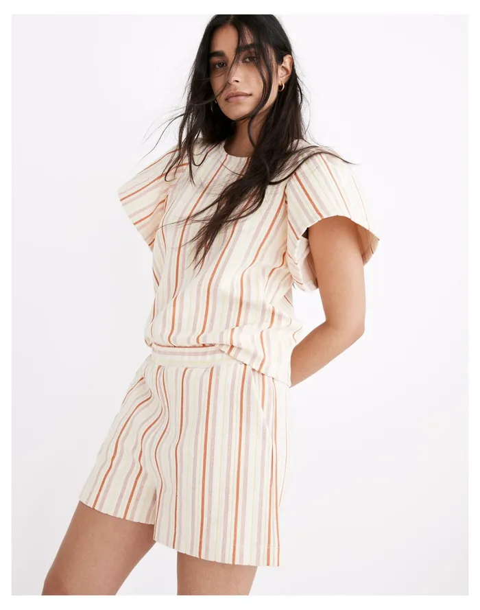 Women Textural Knit High Rise Pleated Shorts In Stripe Afterglow Red Madewell Tees Women Textural Knit High Rise Pleated Shorts In Stripe Afterglow Red Madewell Tees