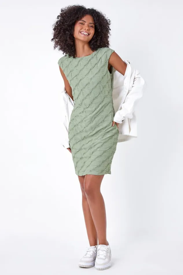 Women Textured Stretch Cap Sleeve Dress Roman Dresses