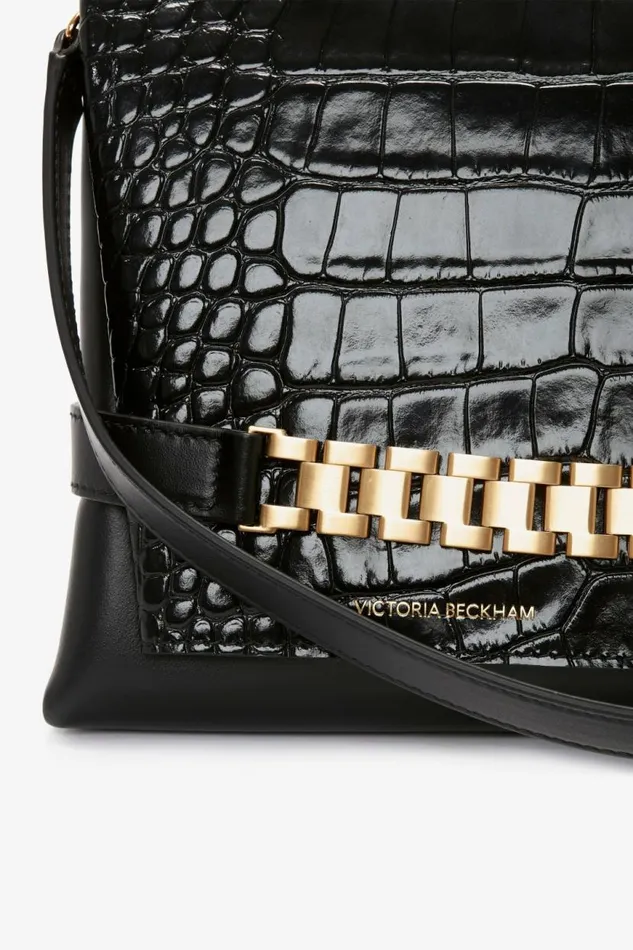 Women The Chain Pouch Victoria Beckham Chain Pouch With Strap In Black CrocEffect Leather
