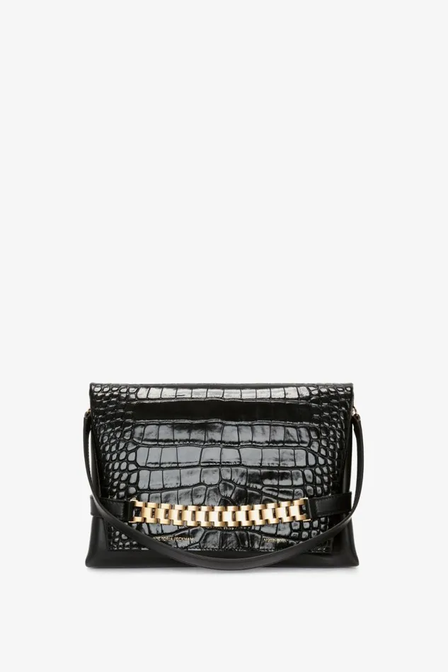Women The Chain Pouch Victoria Beckham Chain Pouch With Strap In Black CrocEffect Leather